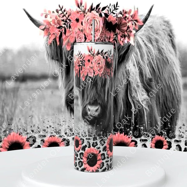 Highland Cow and Flowers Tumbler