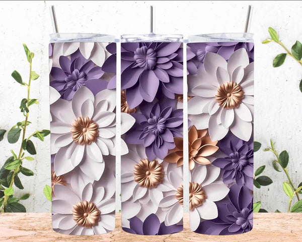 3D Purple and White Flowers Tumbler